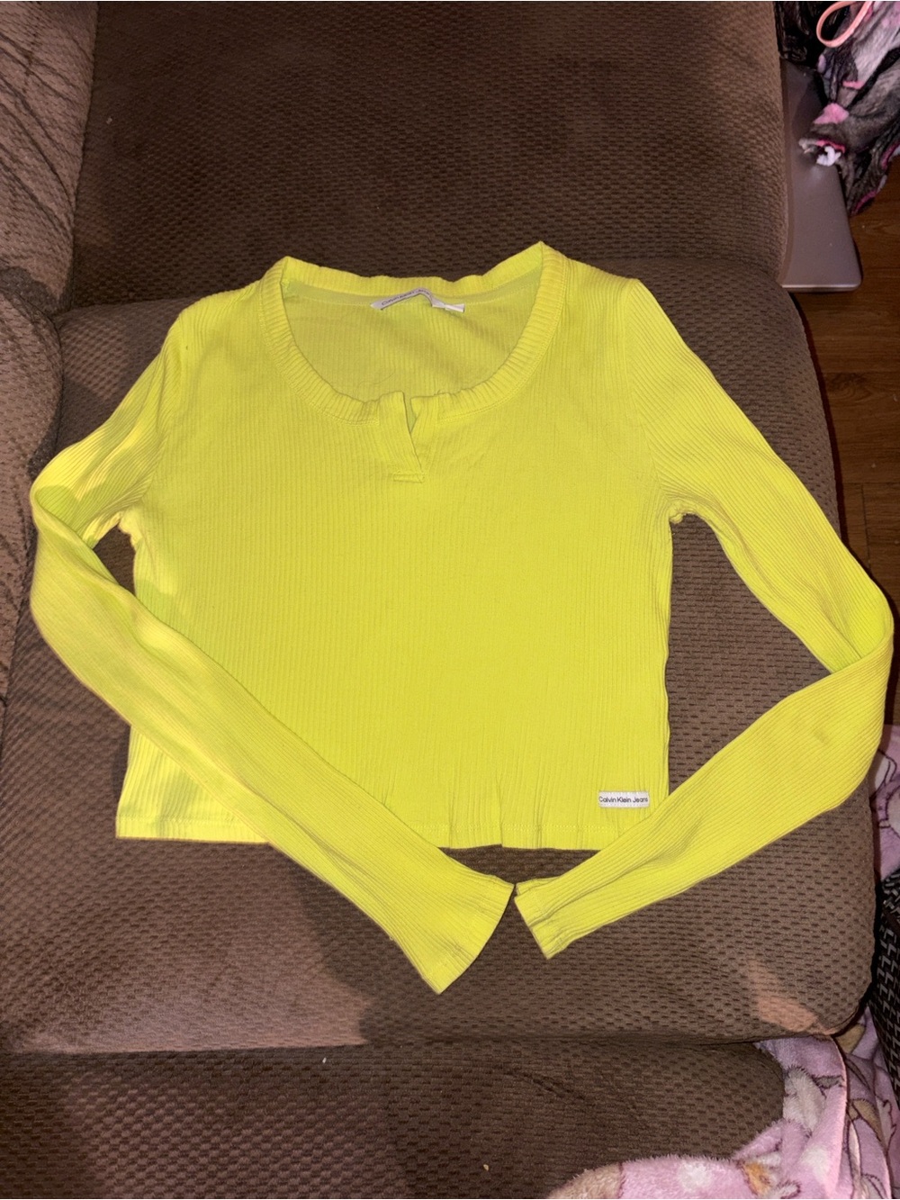 Calvin Klein Neon Yellow Rib Long Sleeve Crop Top